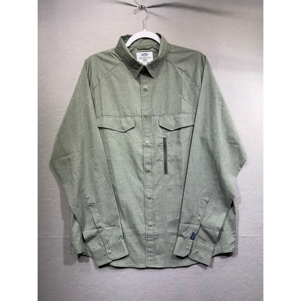 AFTCO Mens Green Micro Check Long Sleeve Fishing Shirt Snap Front Size Large